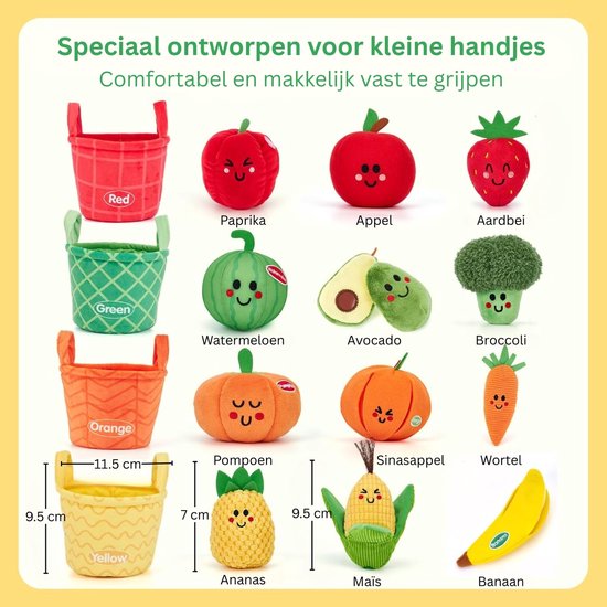 Playbino KnuffelFruit – Sensorische montessori set van zacht fruit en groente