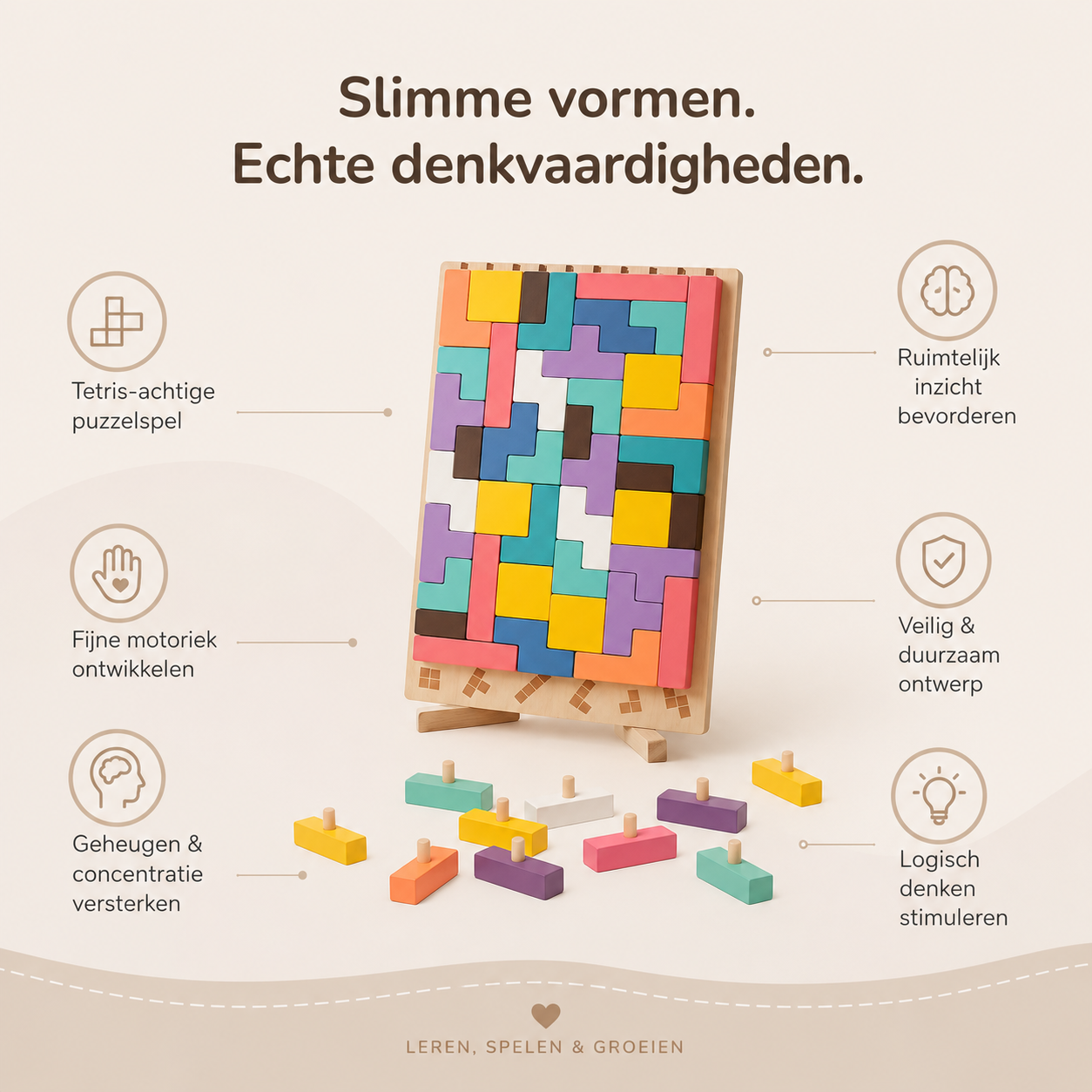 Playbino HoutTetris - Educatief houten tetris puzzel voor logisch denken & fijne motoriek