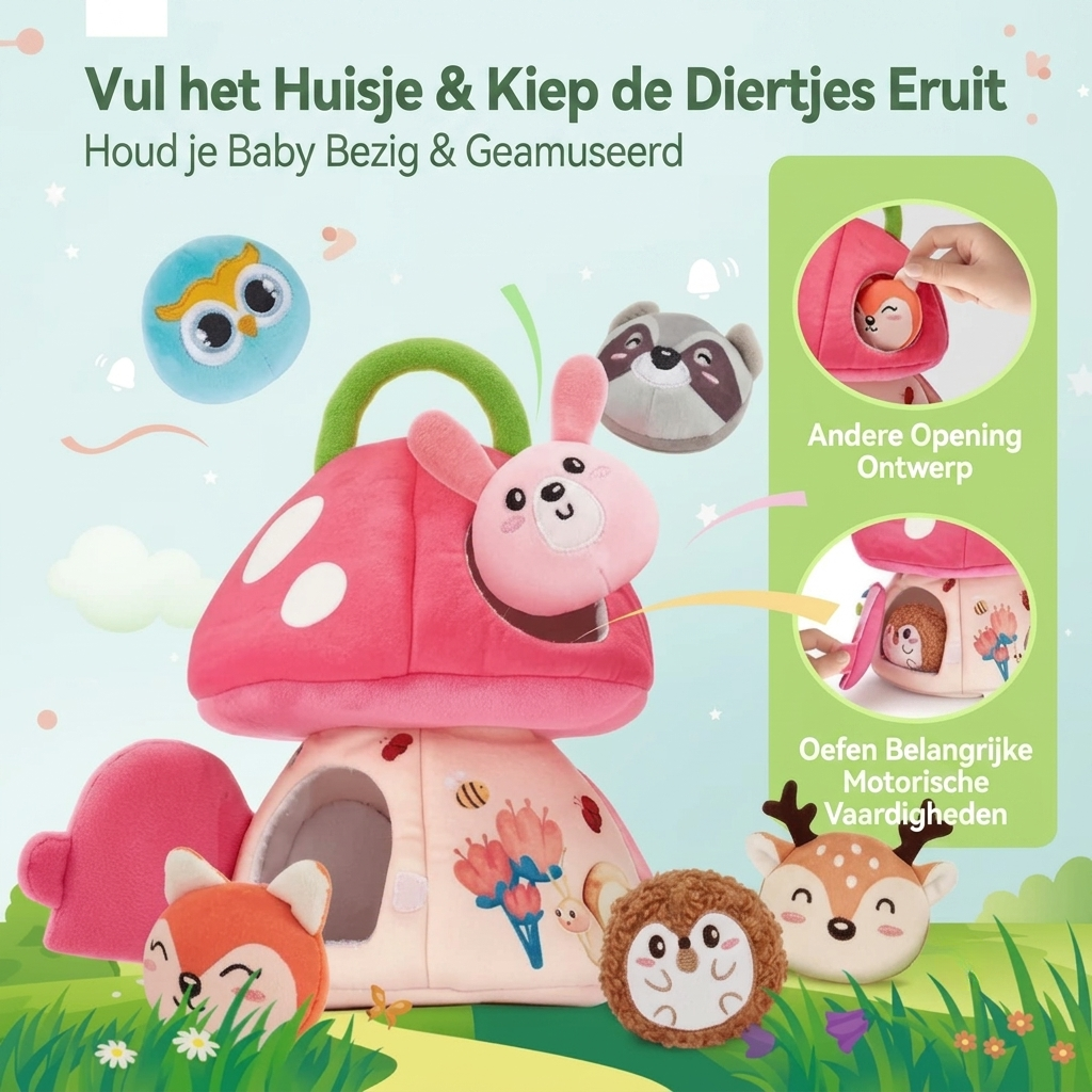 Playbino KnuffelHuis - Montessori knuffelhuisje - Zintuiglijk & interactief leerspeelgoed
