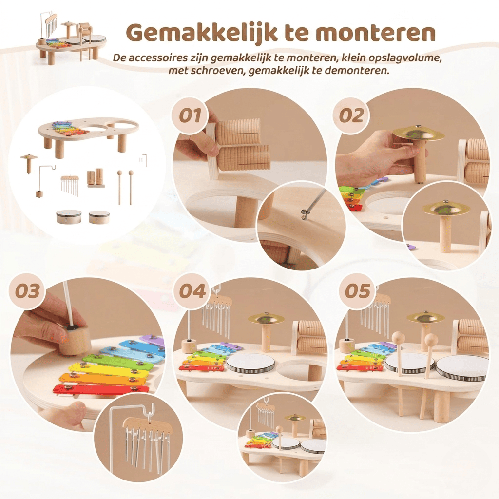 Playbino MuziekTafel - Houten muziektafel met xylofoon, trommels en bekkens