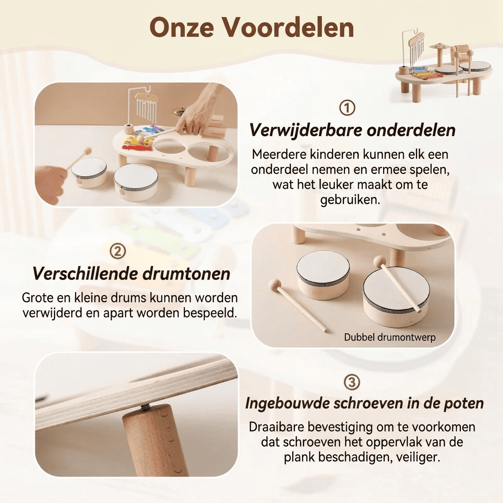 Playbino MuziekTafel - Houten muziektafel met xylofoon, trommels en bekkens