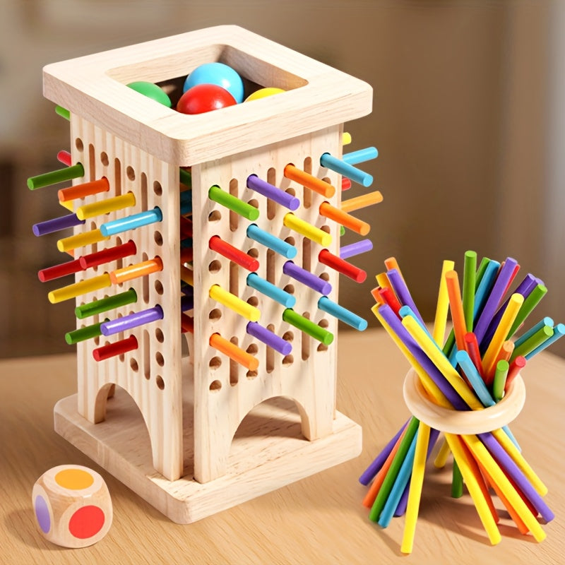 Playbino StokToren - Montessori Balansspel van Hout – Leerzaam Stapelspel met Dobbelsteen